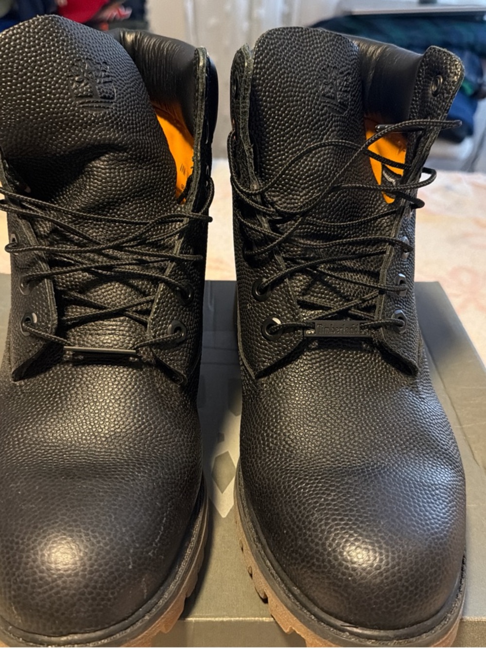 Timberland Black Textured Leather Work Boots with Tan Lug Sole